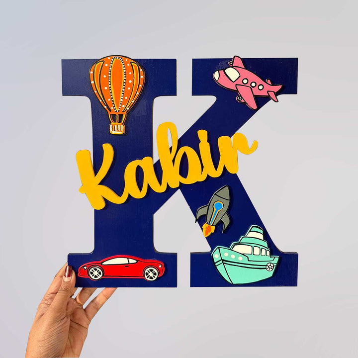 Handcrafted Personalized Kids Sea Themed Monogram Mdf Nameplate 3 - Front View Held by Hand