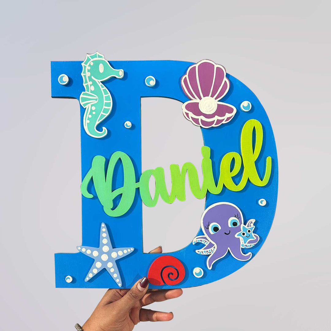 Handcrafted Personalized Kids Sea Themed Monogram Mdf Nameplate 3 - Handheld Front View with Name Personalization