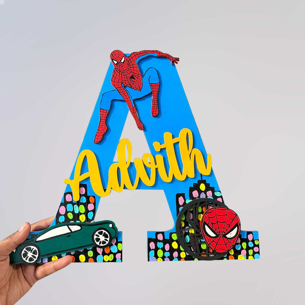 Hand Painted Personalised Kids Spiderman Themed Monogram Name Plate 1 - Front View with Name Personalization