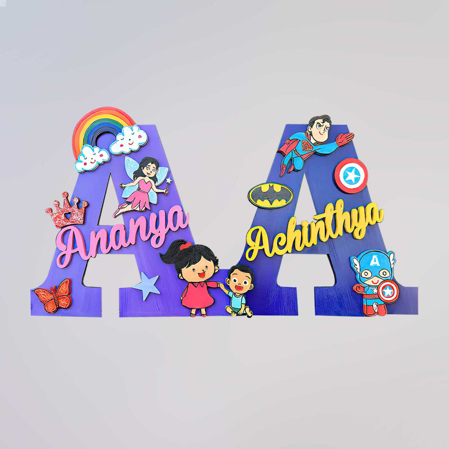 Hand Painted Sibling Special Monogram Personalised Kids Name Plate - Front View with Name Personalization