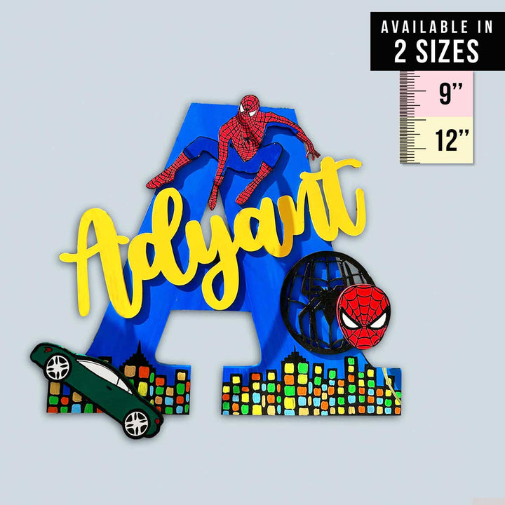Hand Painted Personalised Kids Spiderman Themed Monogram Name Plate 1 - Front view with size reference