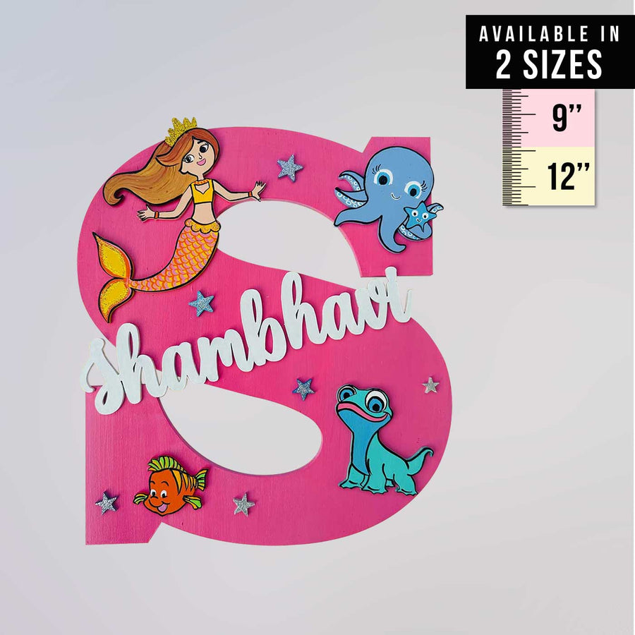 Handcrafted Personalized Kids Mermaid Themed Monogram Mdf Nameplate - Front View with Size Reference