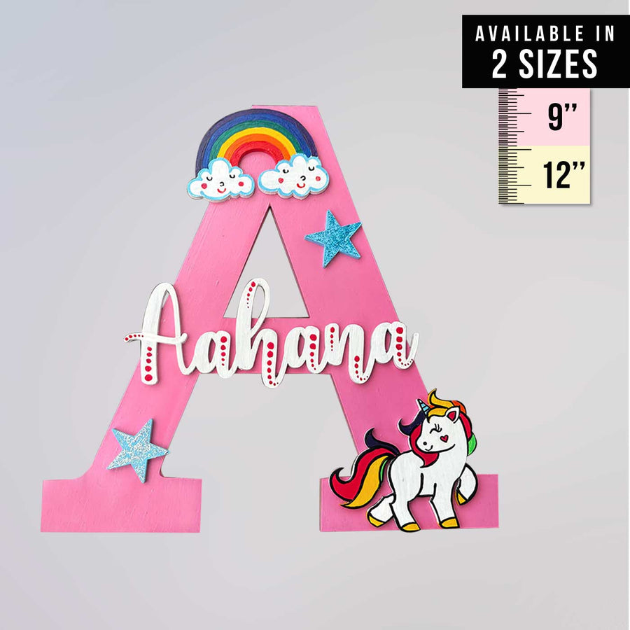 Handcrafted Personalized Kids Unicorn Themed Monogram Mdf Nameplate - Front View with Size Reference