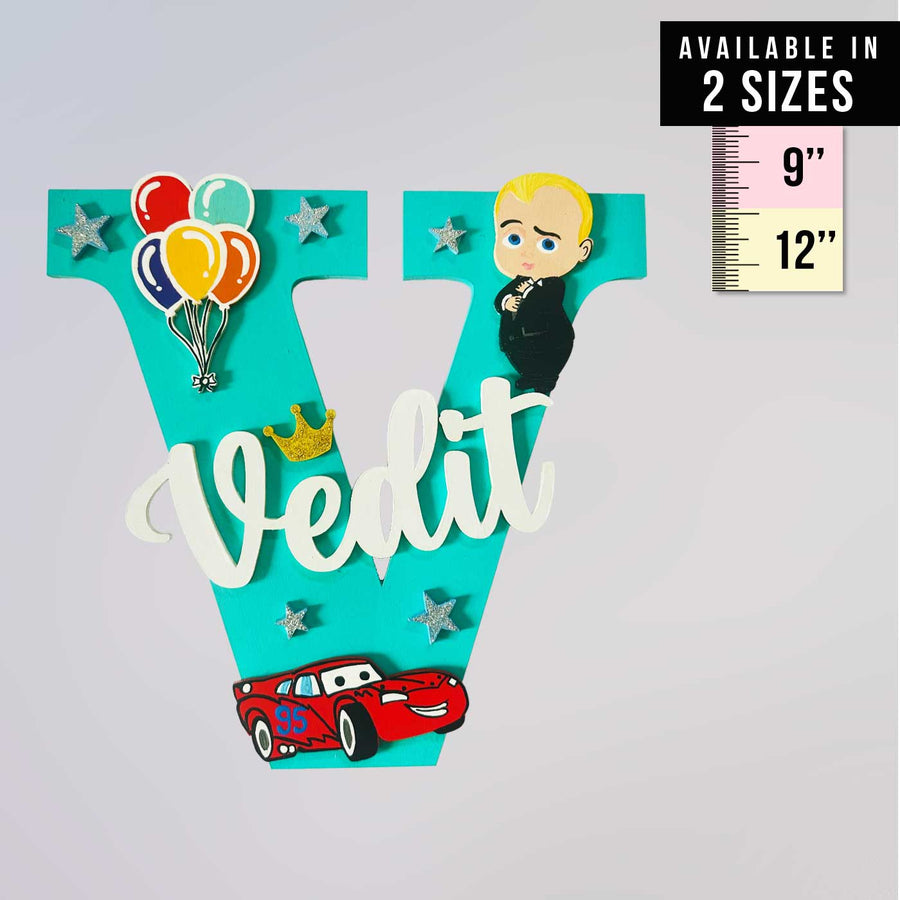 Personalized Hand Painted Baby Boss Leadership Mdf Wood Monogram With 3D Letters - Front View with Size Chart