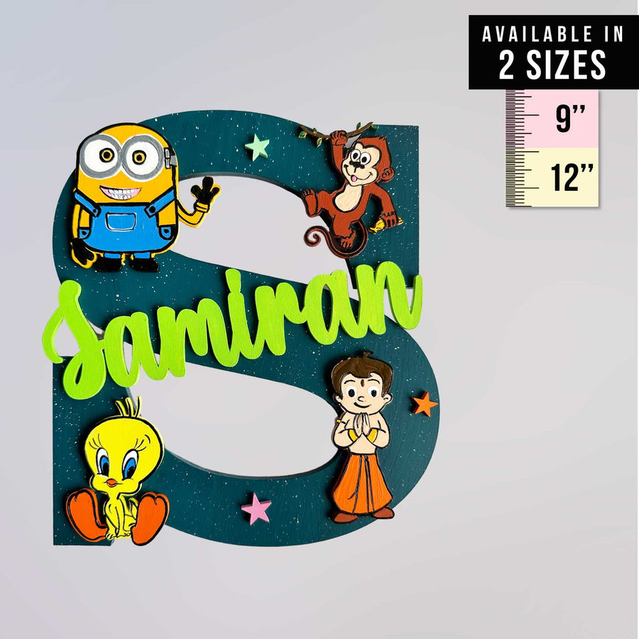 Personalized Hand Painted Cartoon Character Fun Mdf Wood Monogram With 3D Letters - Front View with Size Reference