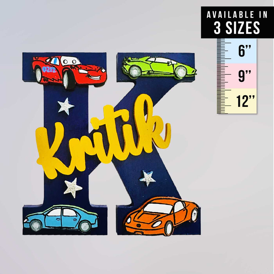 Personalized Hand Painted Car Theme Adventure Mdf Wood Monogram With 3D Letters - Front view with size chart