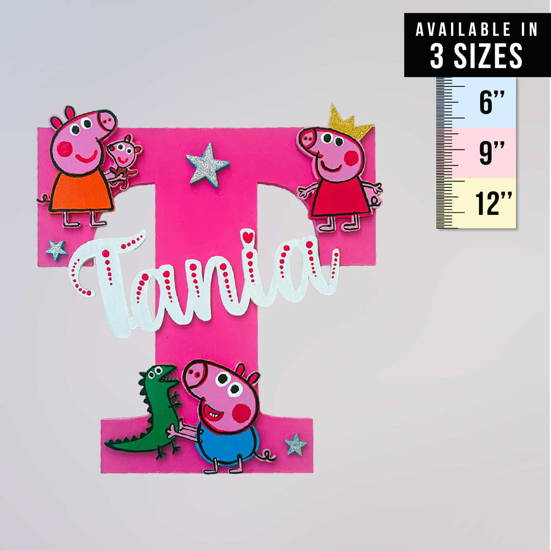 Personalized Hand Painted Peppa Pig Fun Mdf Wood Monogram With 3D Letters - Front View with Size Chart