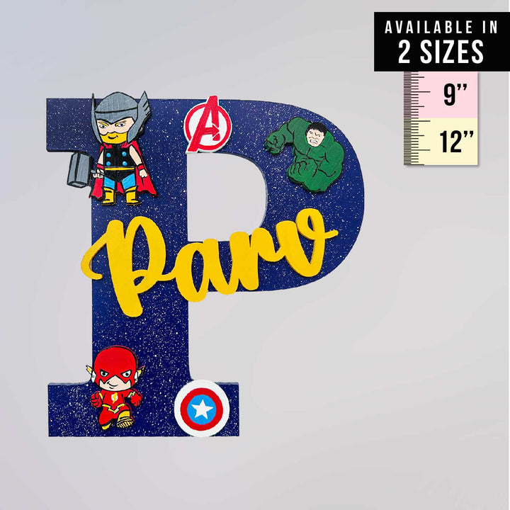 Personalized Hand Painted Avengers Adventure Mdf Wood Monogram With 3D Letters - Front View with Size Reference