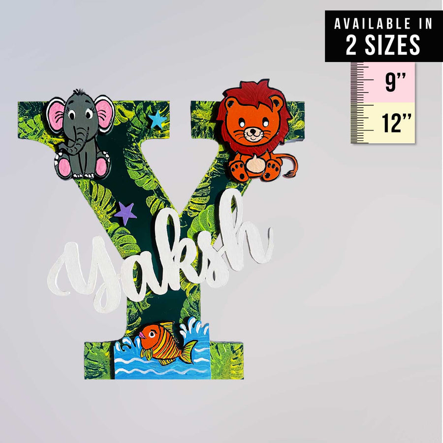 Personalized Hand Painted Jungle Animal Fish Mdf Wood Monogram With 3D Letters - Front View with Size Reference