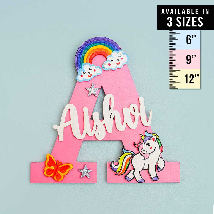 Hand Painted Personalised Kids Unicorn Rainbow Themed Monogram Name Plate - Size Chart with Front View