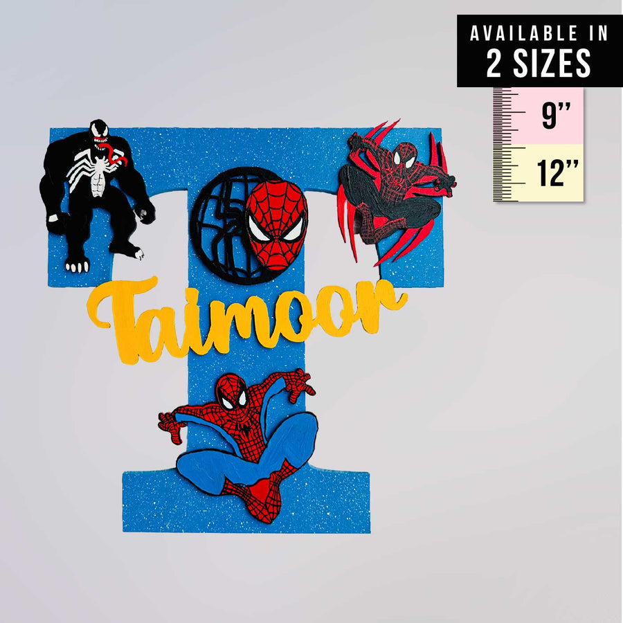 Personalized Hand Painted Spiderman Adventure Mdf Wood Monogram With 3D Letters - Front View with Size Reference
