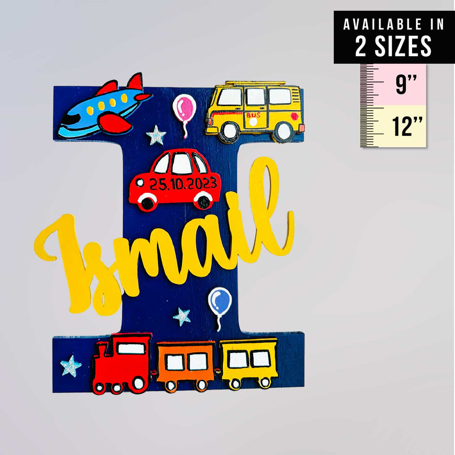 Personalized Hand Painted Transport Theme Mdf Wood Monogram With 3D Letters - Front View with Size Reference