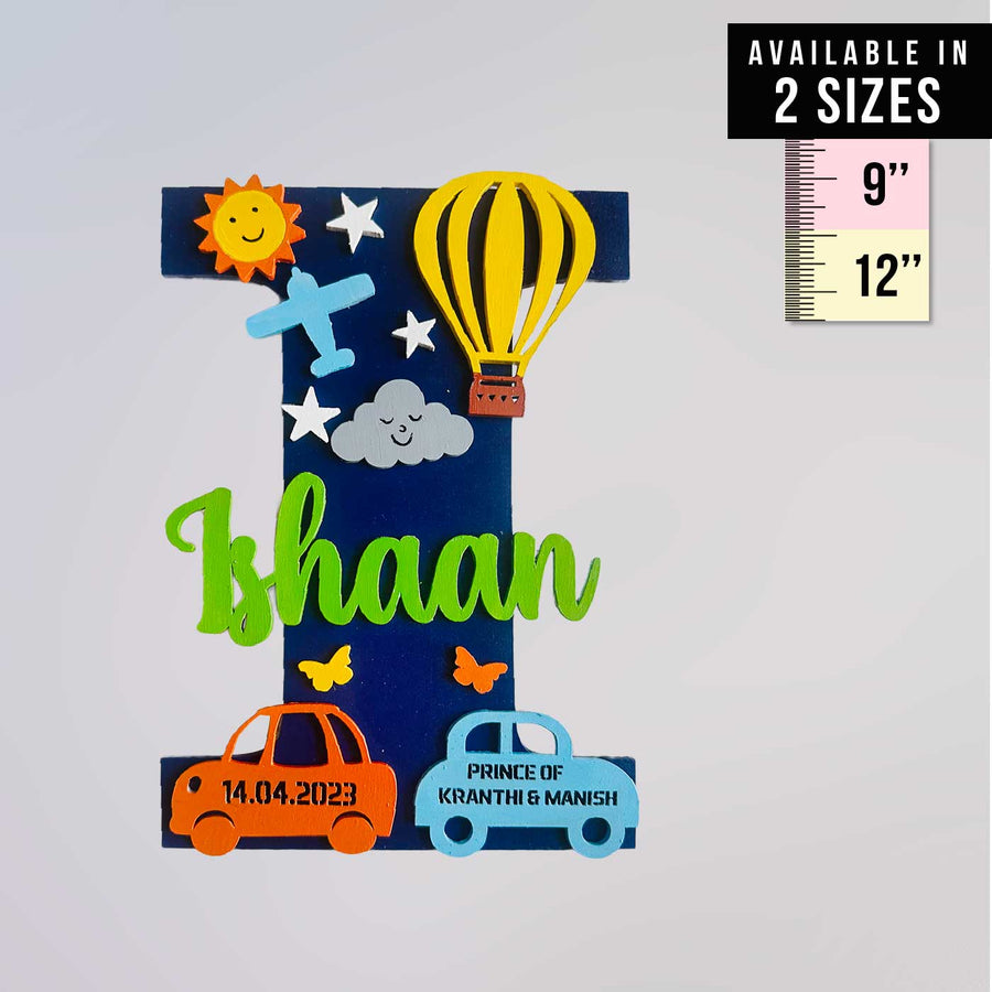 Personalized Hand Painted Hot Air Balloon Mdf Wood Monogram With 3D Letters - Front View with Size Guide