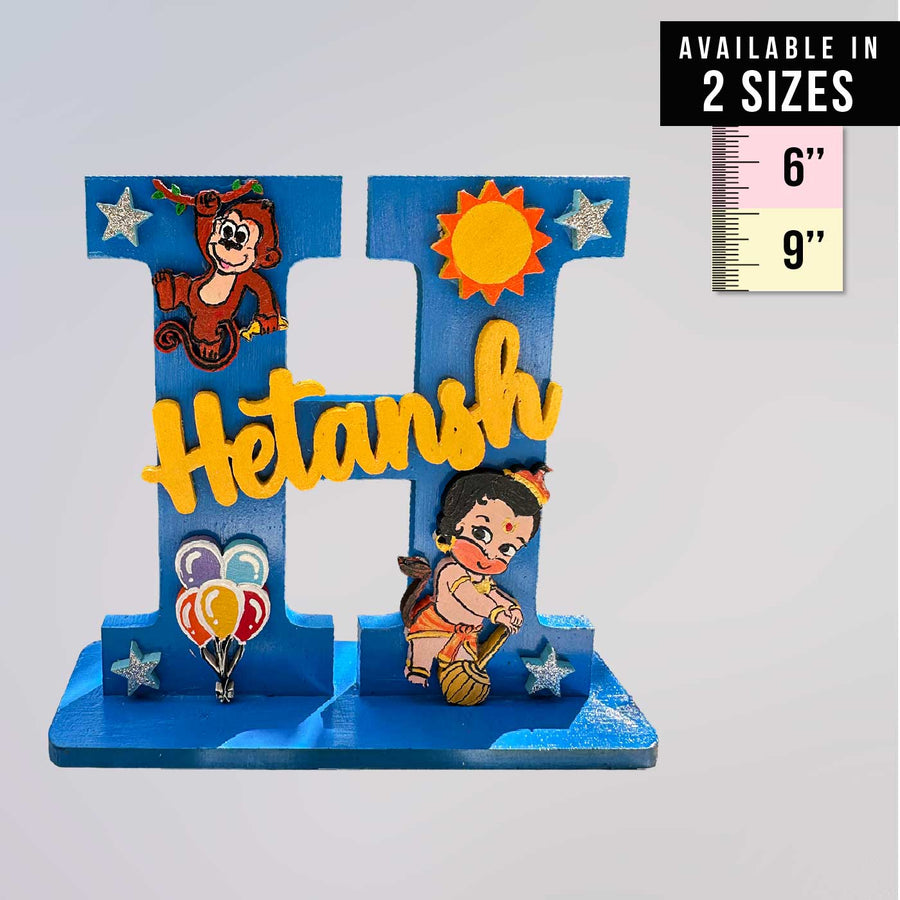 Personalized Hand Painted Bal Hanuman Mdf Wood Monogram With 3D Letters - Front View with Size Reference