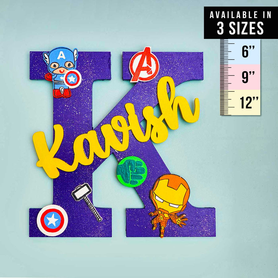 Hand Painted Personalised Kids Superhero Themed Monogram Name Plate - Name Personalization with Size Chart