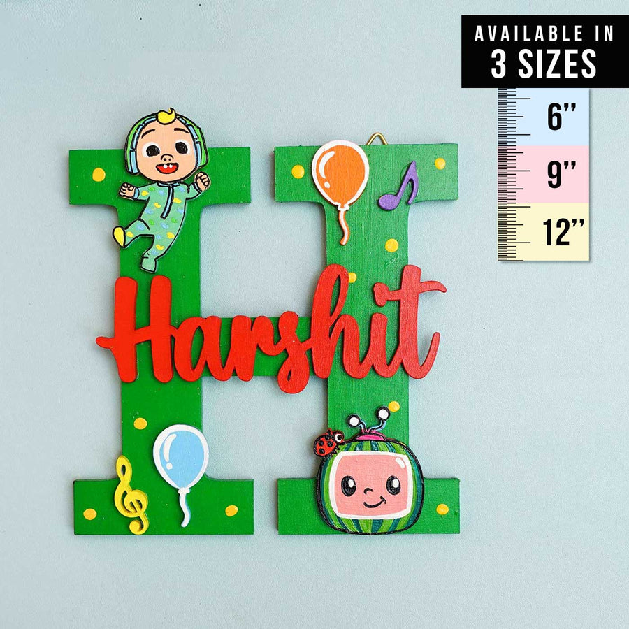 Hand Painted Personalised Kids Cocomelon Balloon Themed Monogram Name Plate - Front View with Size Chart