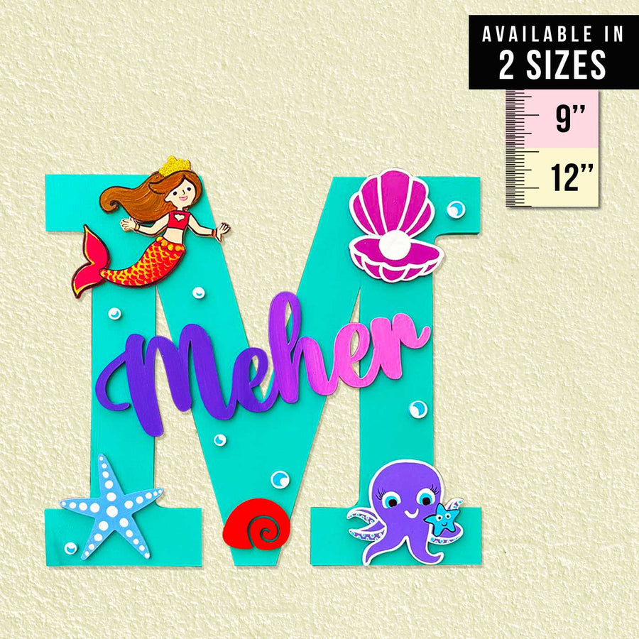 Handcrafted Personalized Kids Mermaid Themed Monogram Mdf Nameplate 2 - Front View with Size Guide