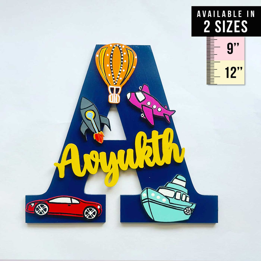 Handcrafted Personalized Kids Transportation Themed Monogram Mdf Nameplate 4 - Front View with Name Personalization