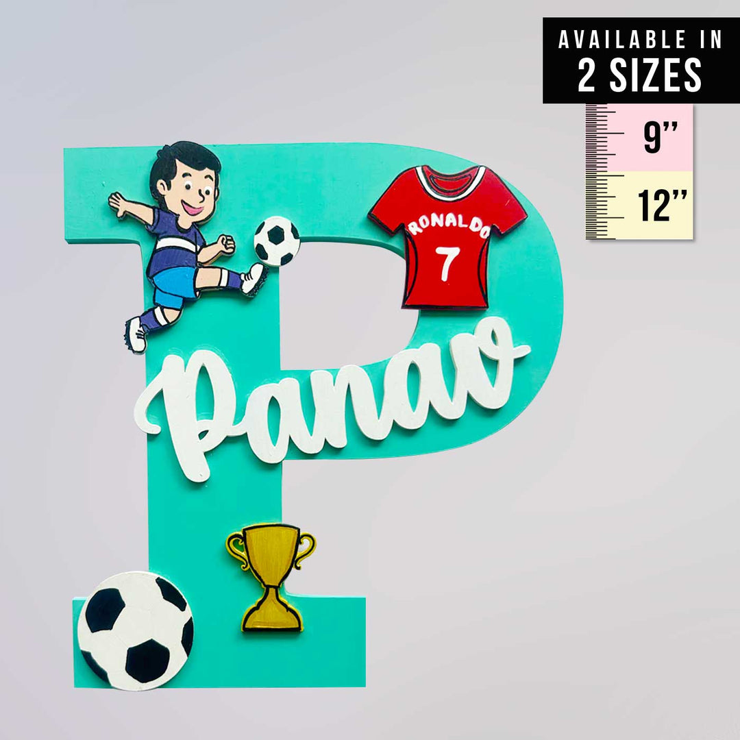 Handcrafted Personalized Kids Football Themed Monogram Mdf Nameplate 6 - Front View with Size Reference