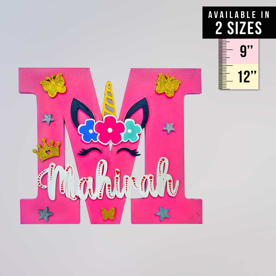 Handcrafted Personalized Kids Unicorn Eyes Themed Monogram Mdf Nameplate - Front View with Size Reference