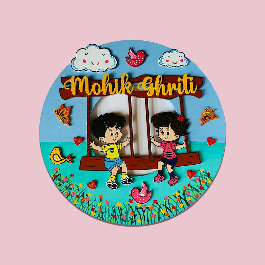 Hand Painted Personalized Siblings Theme Kids Nameplate 1 - Front View with Name Personalization