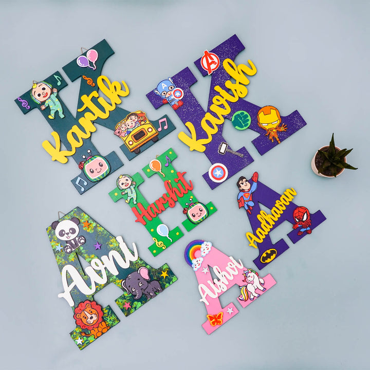 Hand Painted Personalised Kids Superhero Themed Monogram Name Plate - Top View of Personalized Letters Collection