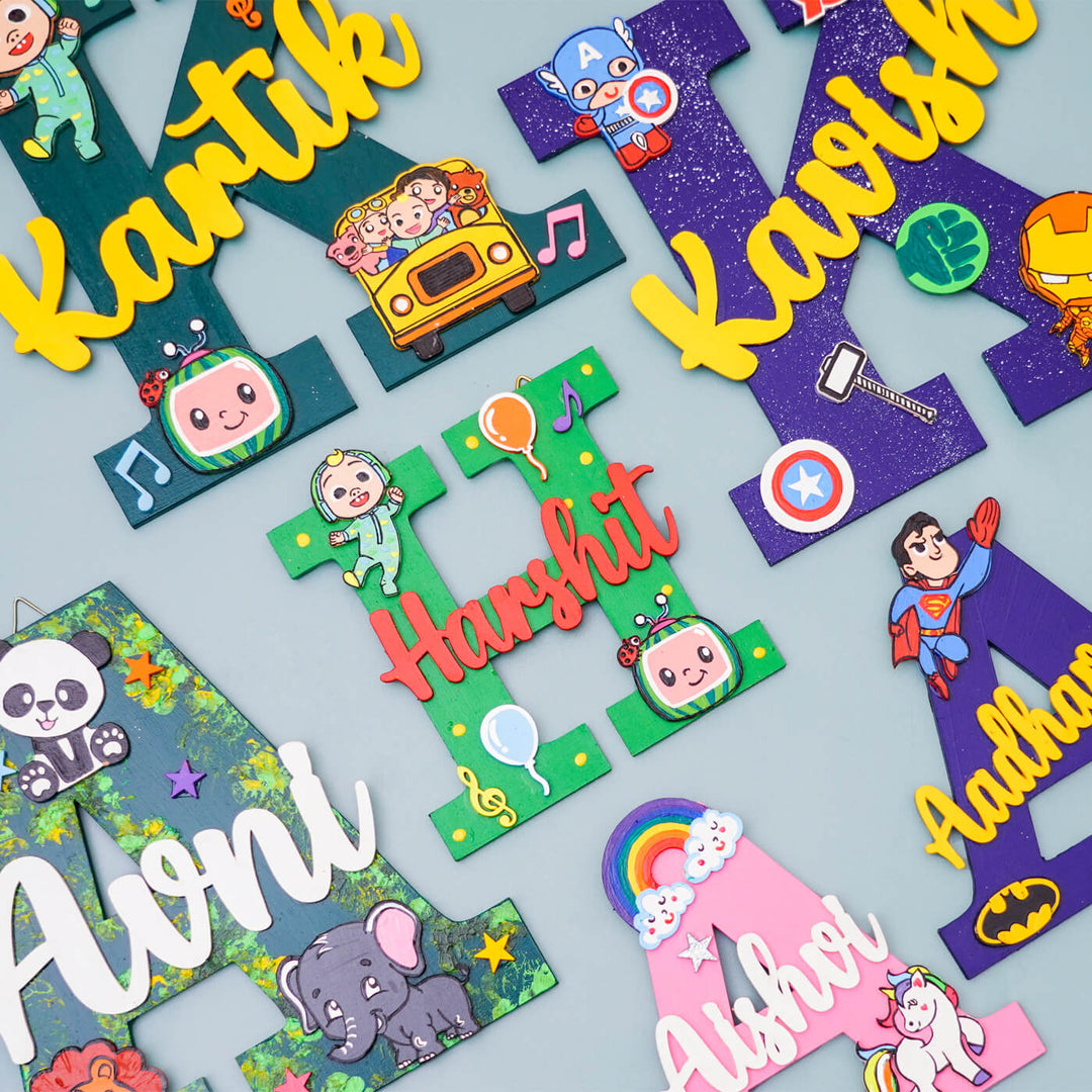 Hand Painted Personalised Kids Superhero Themed Monogram Name Plate - Top View Flat Lay Display