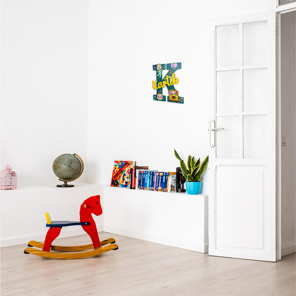 Hand Painted Personalised Kids Cocomelon Bus Themed Monogram Name Plate - Mounted on Wall in Room Setting