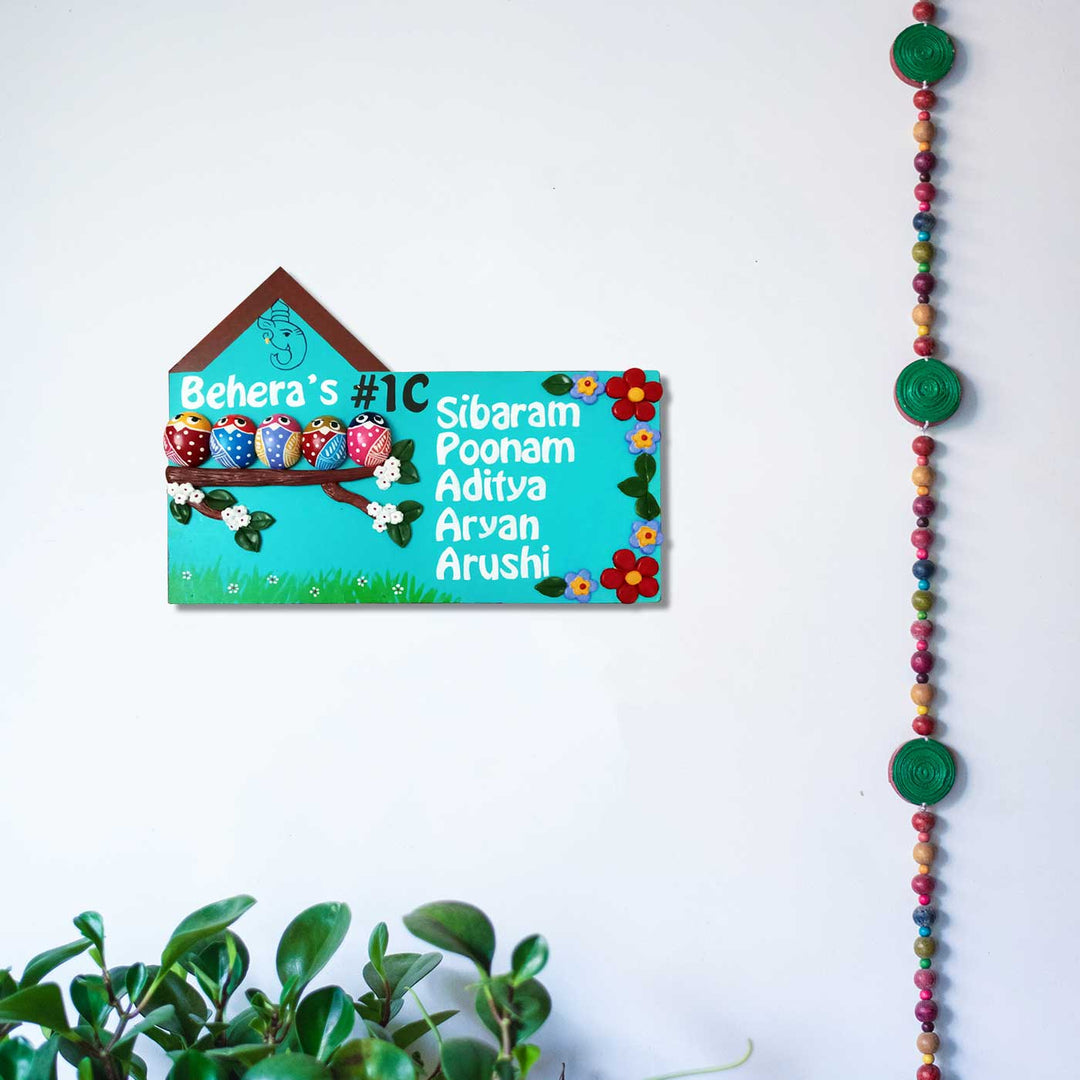 Handmade Owl Family Name Plate With Personalised Clay Figures 1 - Mounted on Wall Showing Personalization