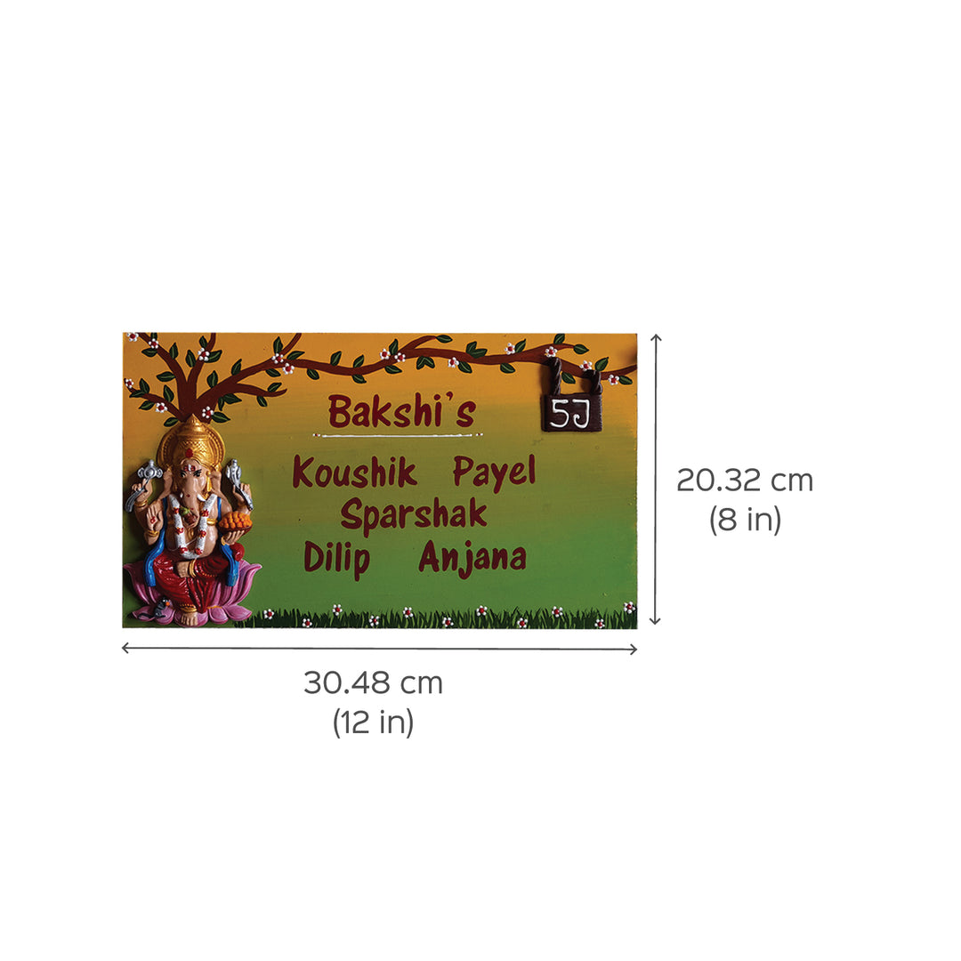 Handcrafted Personalised Ganesh Themed Name Plate 1 - Dimension Chart with Name Example