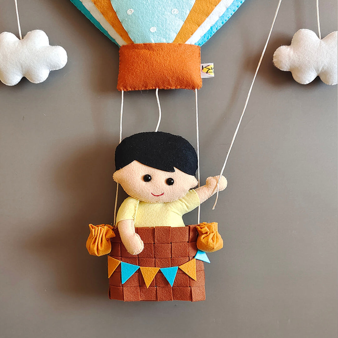 Hand Stitched Teddy Themed Felt Kids Name Hanging 12 - Hanging Front View with Decorative Clouds