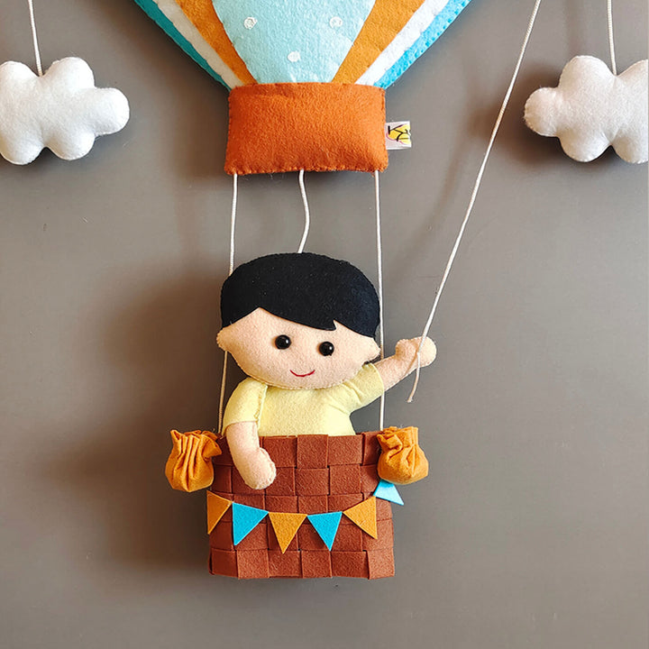 Hand Stitched Hot Air Balloon Felt Name Plate 1 - Front View Hanging Decorative Toy