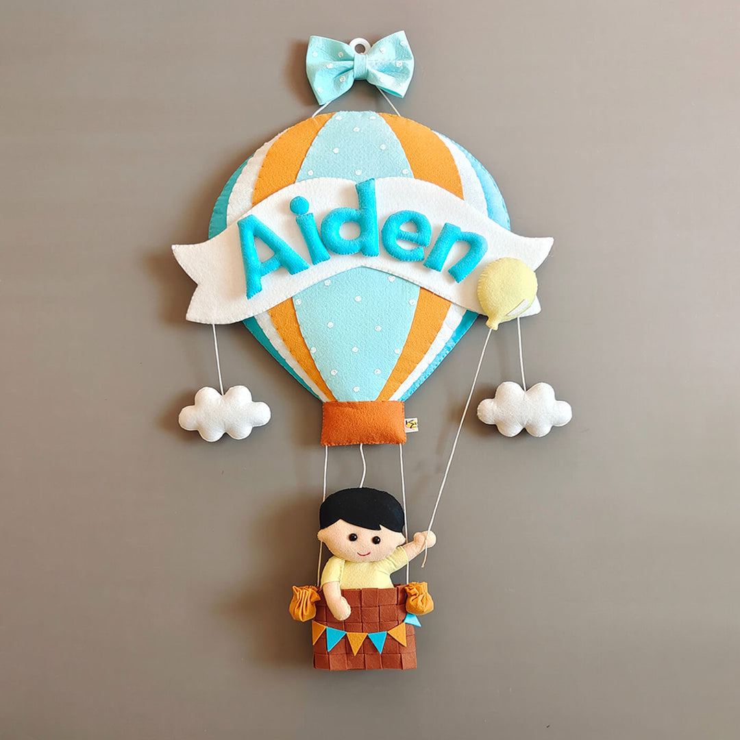 Hand Stitched Hot Air Balloon Felt Name Plate 3 - Front View Hanging with Name Personalization