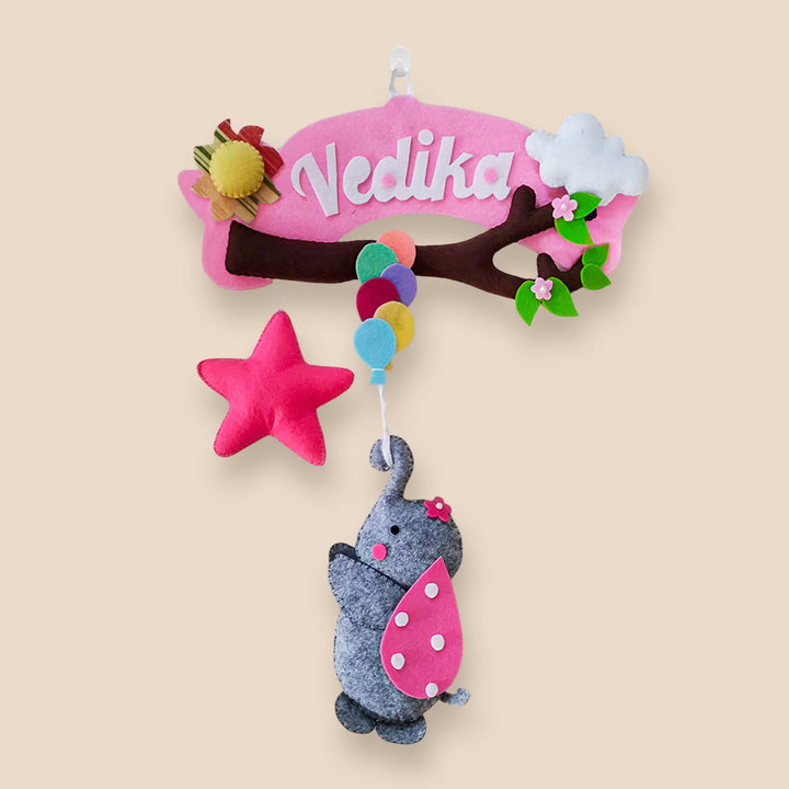Personalized Branch And Elephant Theme Felt Kids Name Plate - Front View Hanging on Hook