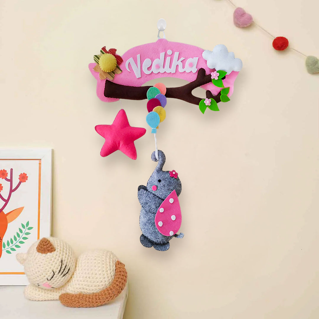 Personalized Branch And Elephant Theme Felt Kids Name Plate - Hanging on Wall with Hook