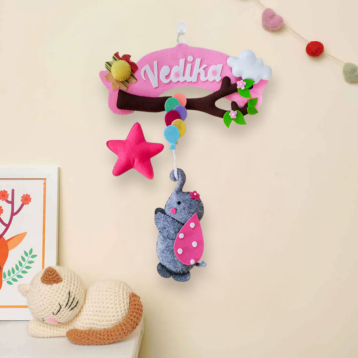 Personalized Branch And Elephant Theme Felt Kids Name Plate - Hanging on Wall with Hook