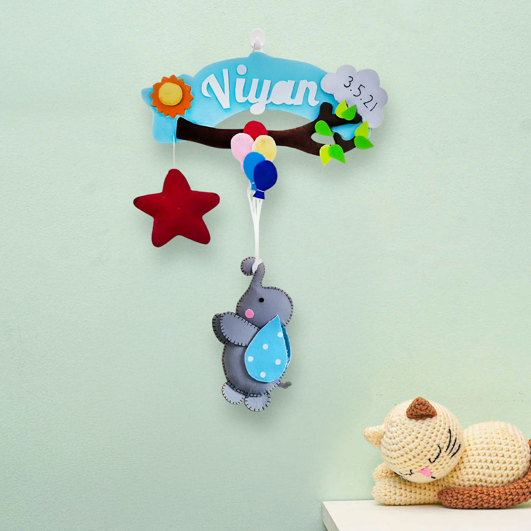 Personalized Branch And Elephant Theme Felt Kids Name Plate - Hanging Wall Decoration with Name Personalization