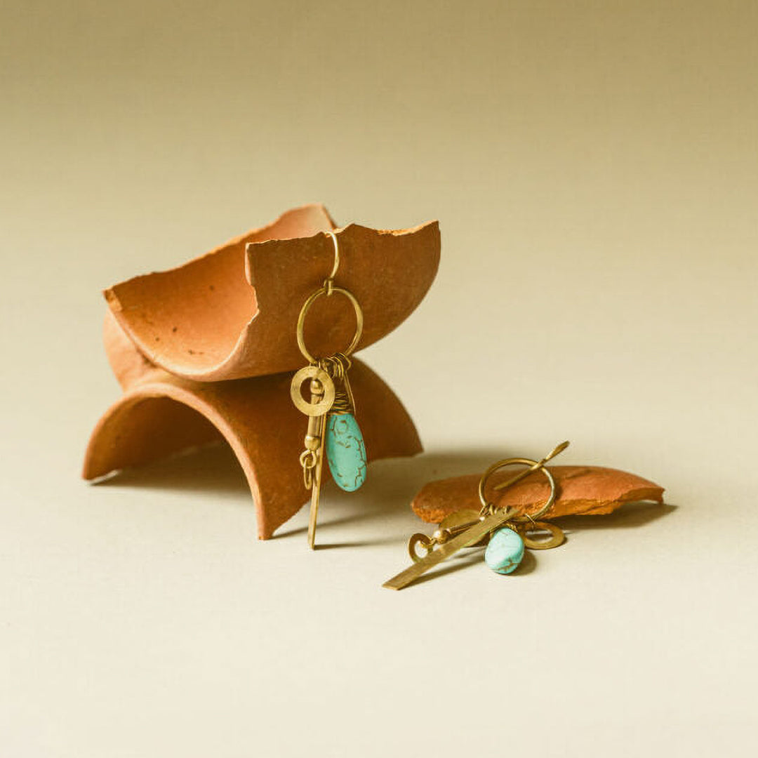 Handmade Loop Turquoise Dangling Brass Earrings