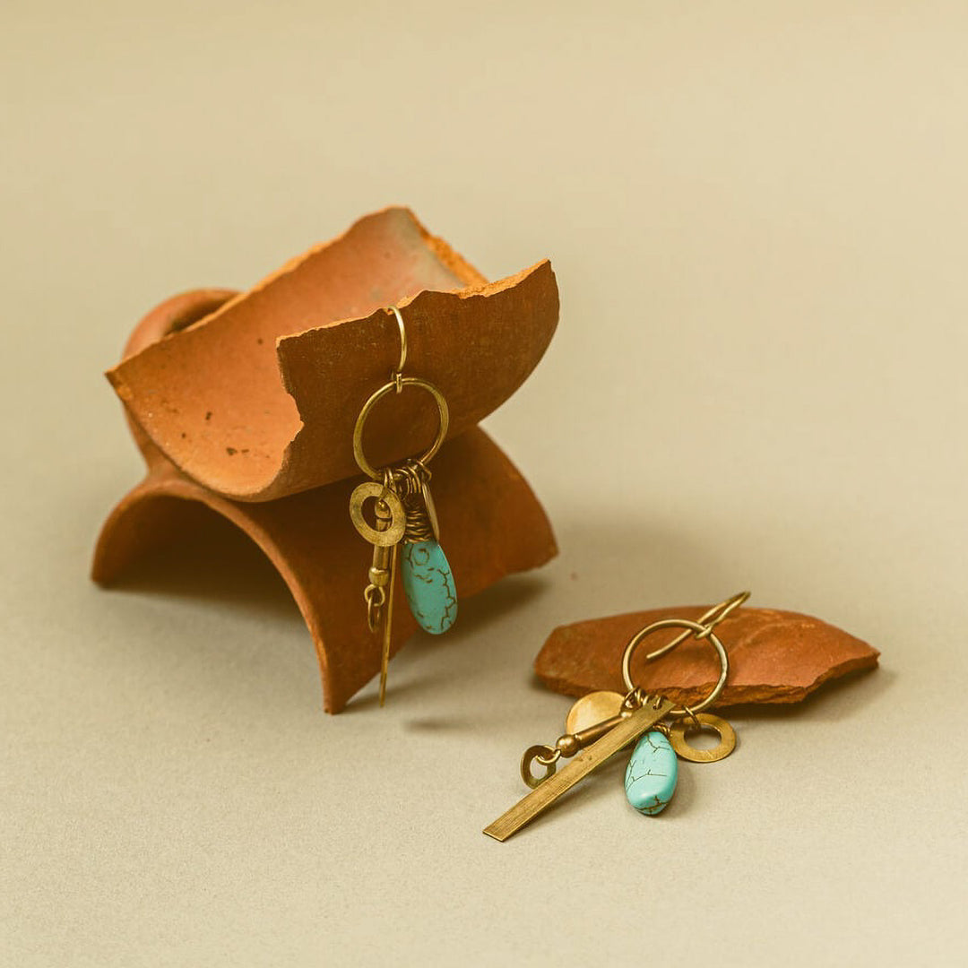 Handmade Loop Turquoise Dangling Brass Earrings