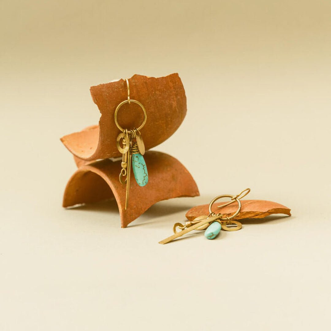 Handmade Loop Turquoise Dangling Brass Earrings