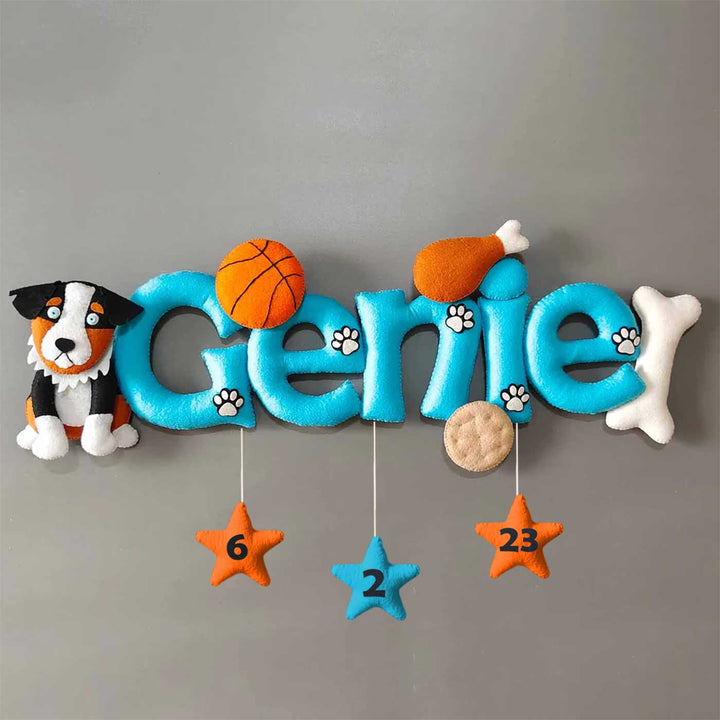 Hand Stitched Custom Themed Round Felt Dog Name Plate - Front View Hanging with Accessories