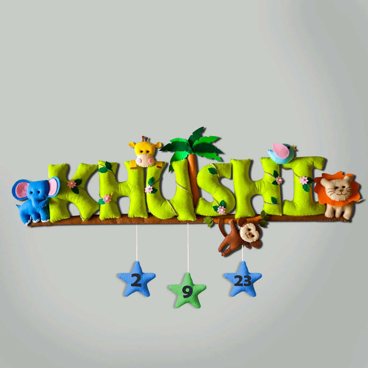 Hand Stitched Jungle Themed Felt Bunting Green - Front View Hanging on Wall