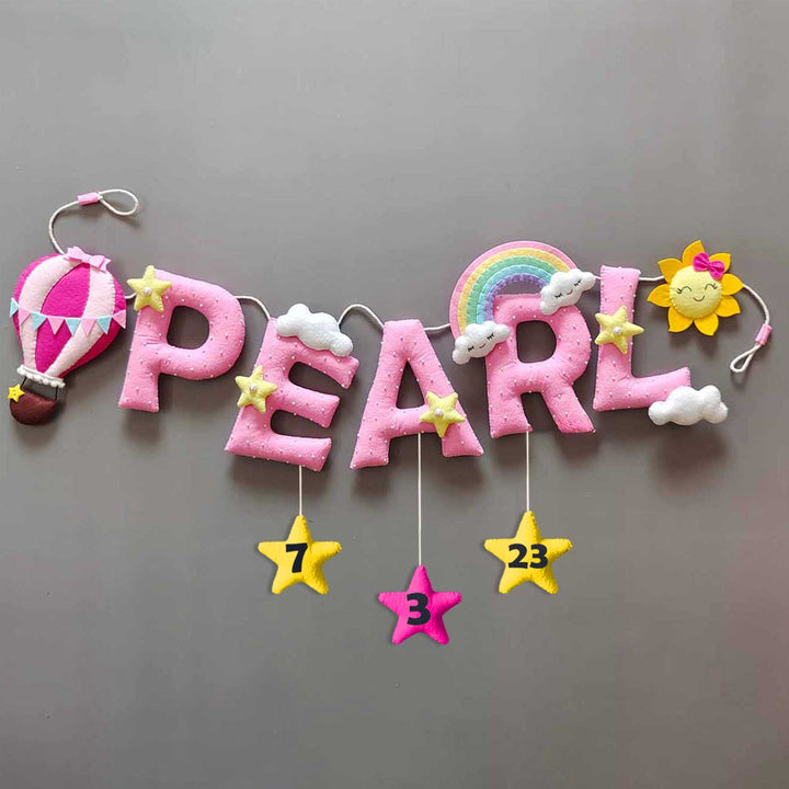Hand Stitched Cute Hot Air Balloon Themed Felt Garland For Baby Girl - Name Personalization with Hanging Stars