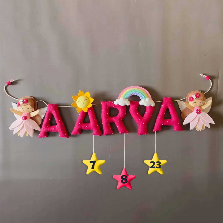 Hand Stitched Fairy Themed Felt Kids Name Plate - Name Personalization with Hanging Stars