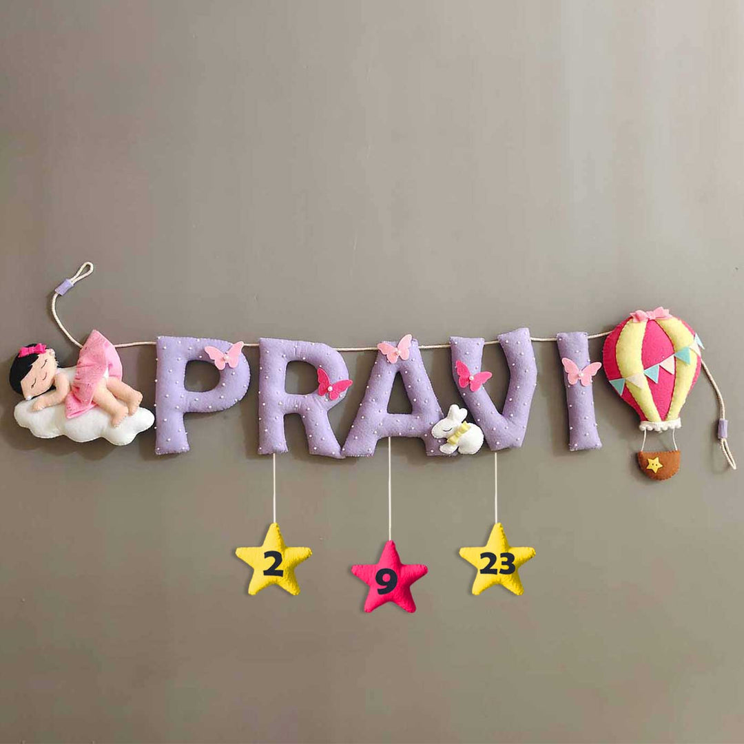 Hand Stitched Sleeping Baby Themed Round Felt Kids Name Plate For Kids - Hanging Wall Decoration Front View