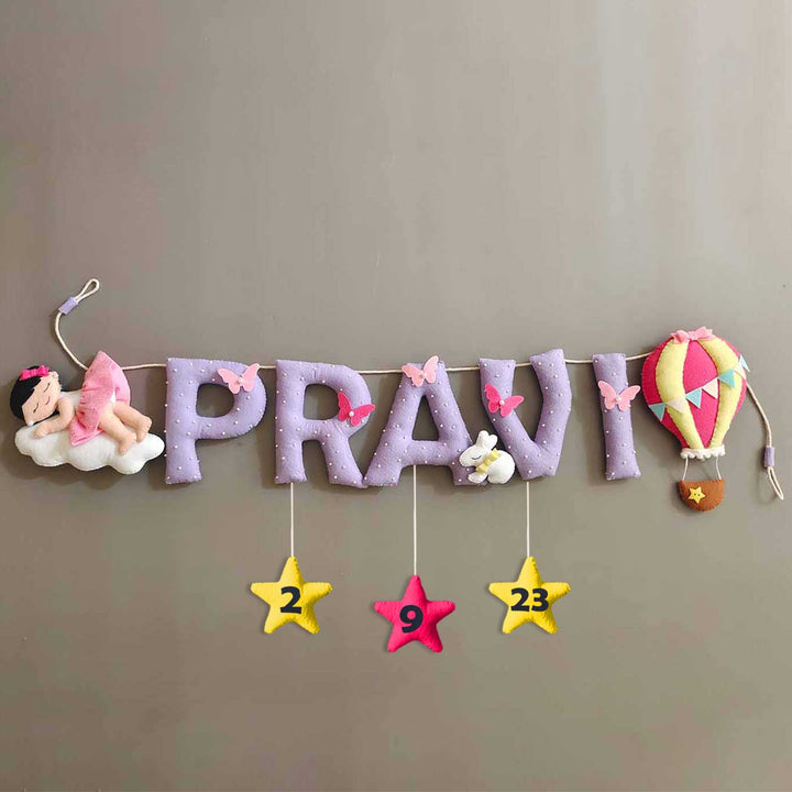 Hand Stitched Sleeping Baby Themed Round Felt Kids Name Plate For Kids - Hanging Wall Decoration Front View