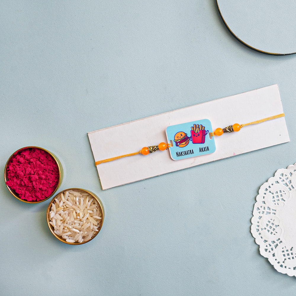 Personalized Handmade Burger And Fries Acrylic Kids Rakhi With Roli Chawal - Packaged Rakhi with Rice and Kumkum