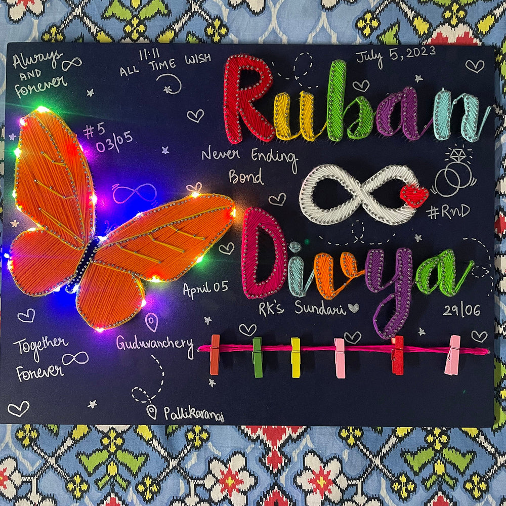 Personalized String Art Butterfly Creation Mdf Wood Name Plate For Couples - Front View with Lighted Embellishments