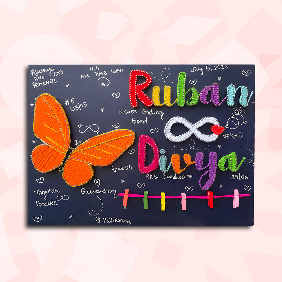 Personalized String Art Butterfly Creation Mdf Wood Name Plate For Couples - Front View with Personalized Text and Decor