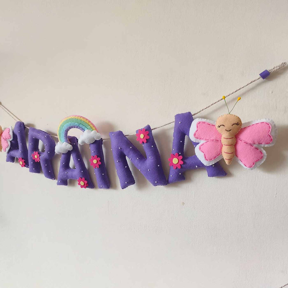 Hand Stitched Butterfly Themed Round Felt Kids Name Plate For Girls - Hanging Name Garland Close-up
